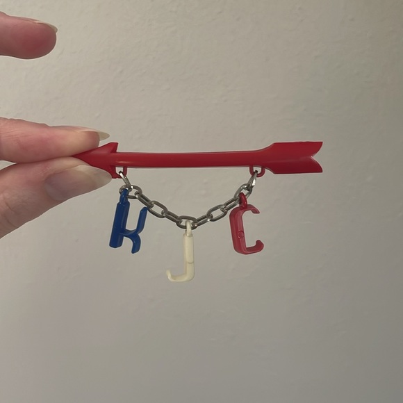 1940s Celluloid Early Plastic Patriotic Red Arrow Brooch w Charms K J C Initials - Picture 15 of 17